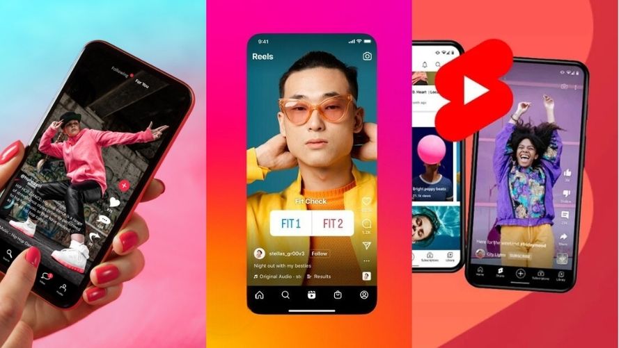 Montage illustrant l'essor des vidéos courtes sur TikTok, Instagram Reels et YouTube Shorts comme une des tendances marketing 2025.